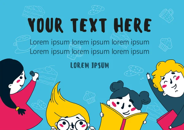 多くの子供たちが本を読んでフラットの図 — ストックベクタ