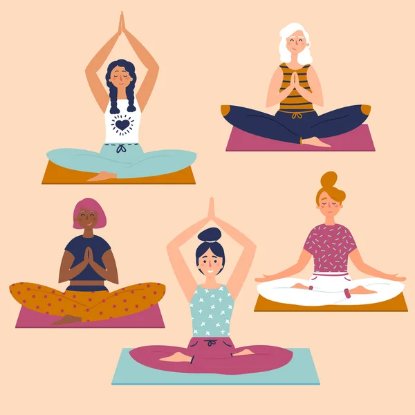 Set met mooie vrouwen in lotus houding van yoga — Stockvector