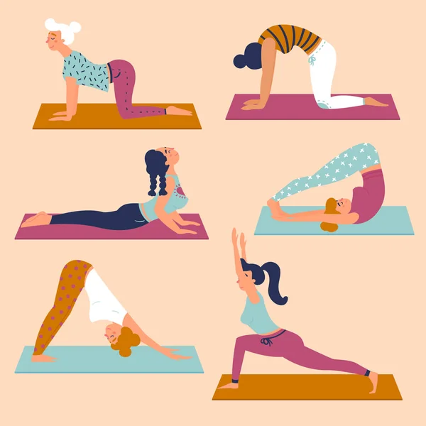 Ensemble avec de belles femmes dans diverses poses de yoga — Image vectorielle