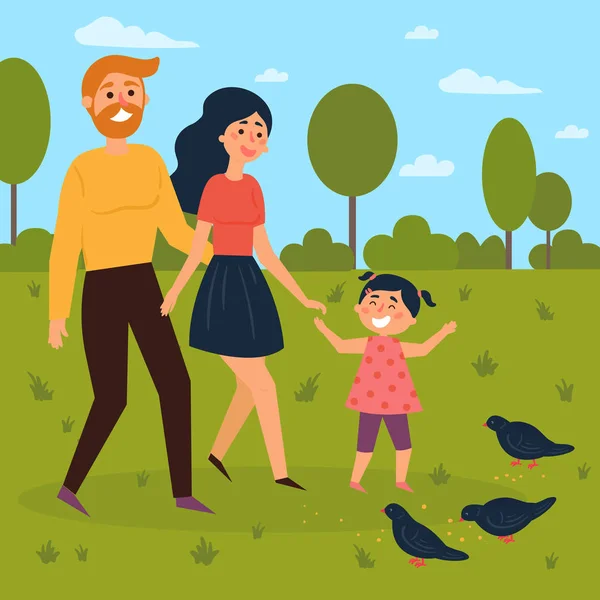 Lycklig familj promenader utomhus och matar duvor — Stock vektor