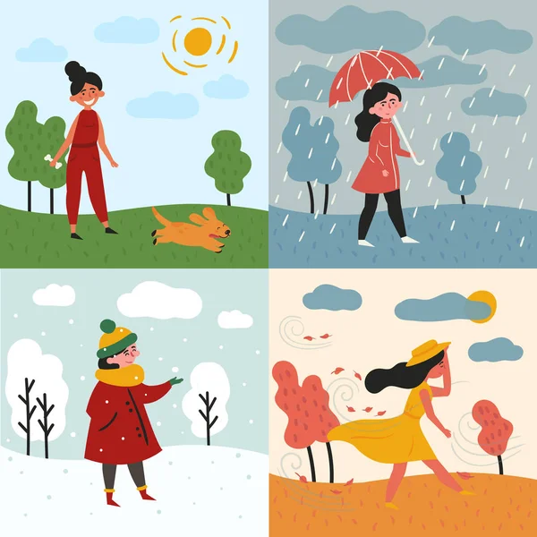 Dziewczyna i cztery pory roku i pogoda. Śnieżna, deszczowa — Wektor stockowy