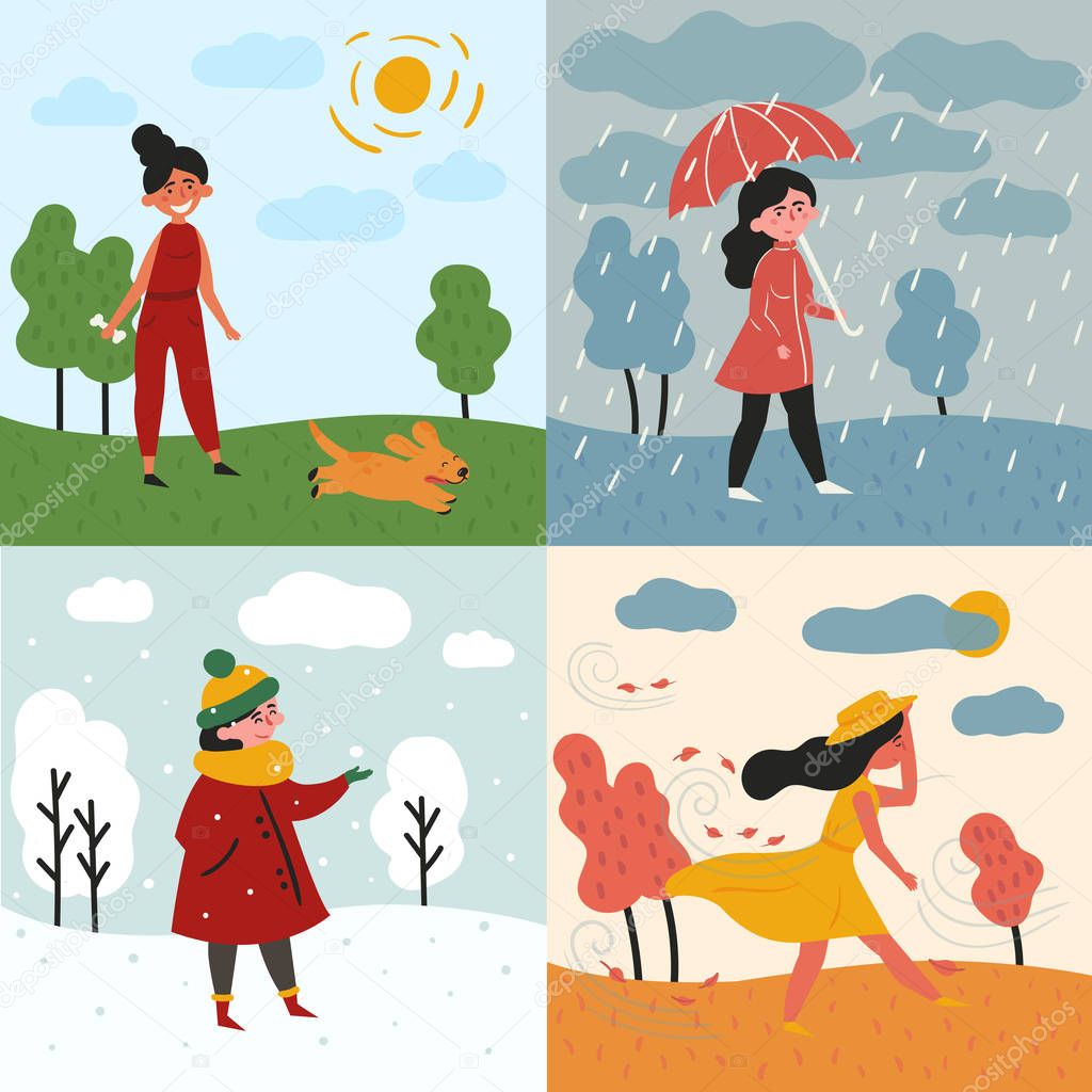 A girl and four seasons and weather. Snowy, rainy