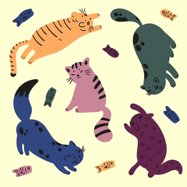 Fünf bunte Katzen spielen mit Fischen. Katzenfutter — Stockvektor