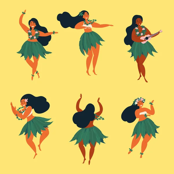 Schöne hawaiianische Mädchen tanzen Hula und Ukulele — Stockvektor