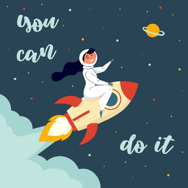 Woman astronaut riding a rocket. You can do it — Stock Vector