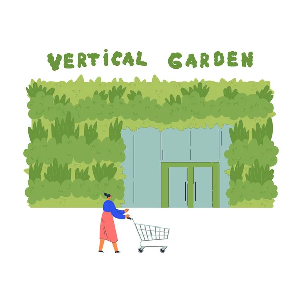 Conceito de jardim vertical.Mulher perto de supermercado — Vetor de Stock