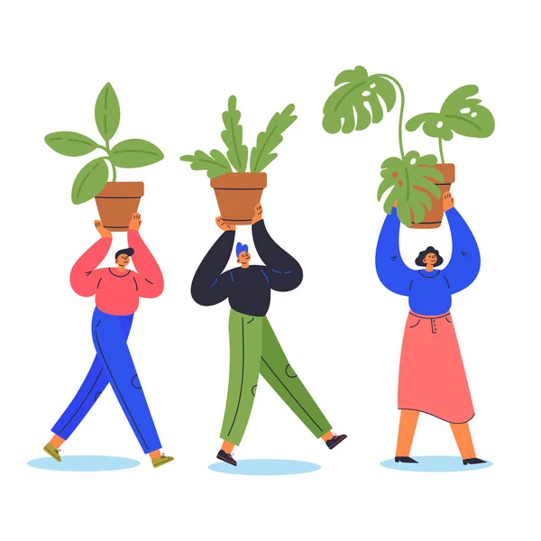 I giovani trasportano le piante in vaso. — Vettoriale Stock