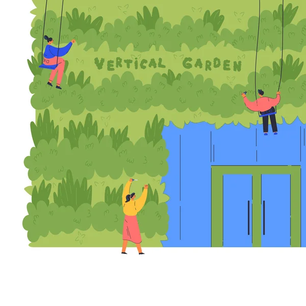 Вертикальный сад. Женщины и мужчины у зеленой стены — стоковый вектор