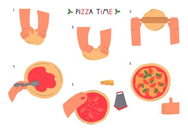 Eller hamur yoğurur ve pizza yapar, izole semboller. 