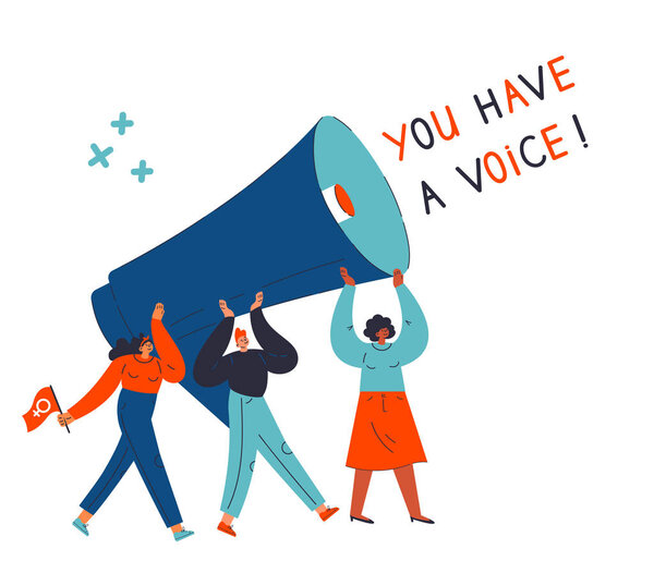 Концепция феминизма с группой разных женщин идет и держит мегафон вместе.
