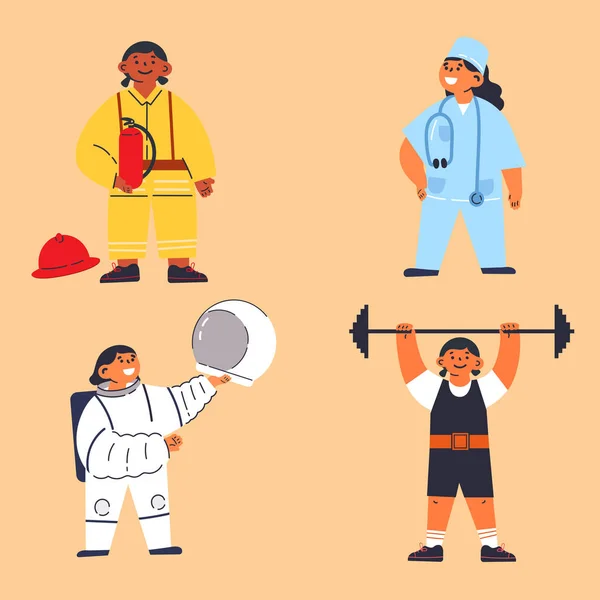 Feminism Concept Little Girls Costume Fireman Astronaut Doctor Weightlifter Motivation — Archivo Imágenes Vectoriales