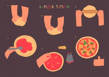 Eller hamur yoğurur ve pizza yapar, arka planda fırın için izole edilmiş semboller çizer. Pizza hazırlamanın aşamaları. Hamur işi, ekmek, fırın. Çizgi film tarzı. Renkli düz vektör çizimi..