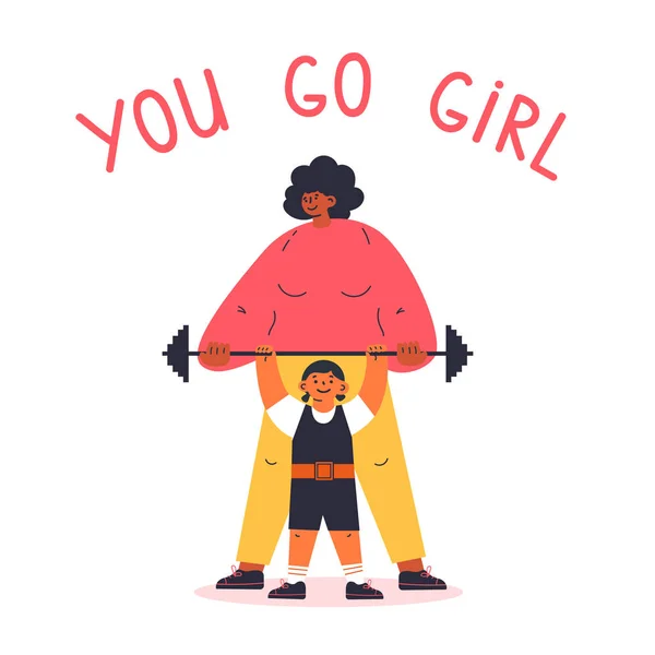 Feminism Concept Motivation Little Girl Dreams Being Heavyweight Mother Supports — Vector de stock