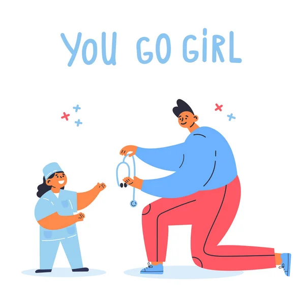 Feminism Concept Motivation Little Girl Dreams Being Doctor Father Supports — Vector de stock