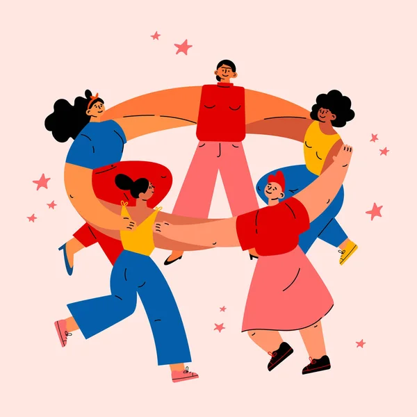 Feminizm kavramı. Farklı uluslar arası ve ırklar arası kadınlar daire içinde dans ediyorlar. Kadınsal ve feminizm fikirleri, kadın gücü..