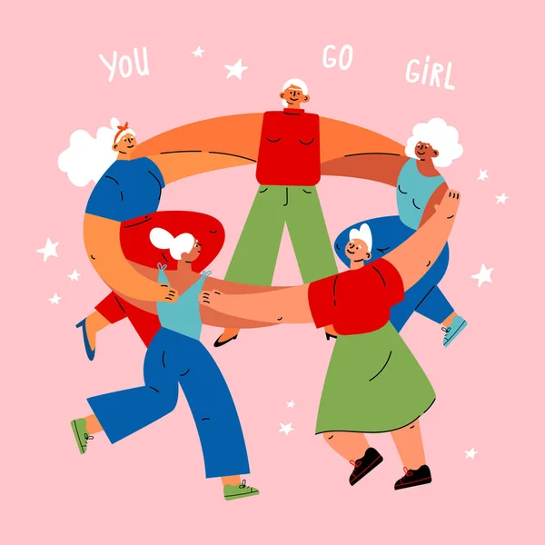不同的国际和跨种族的妇女和男子一起跳舞 女权主义和女权主义的思想 赋予妇女权力 卡通特征 生动的矢量说明妇女的背景 — 图库矢量图片