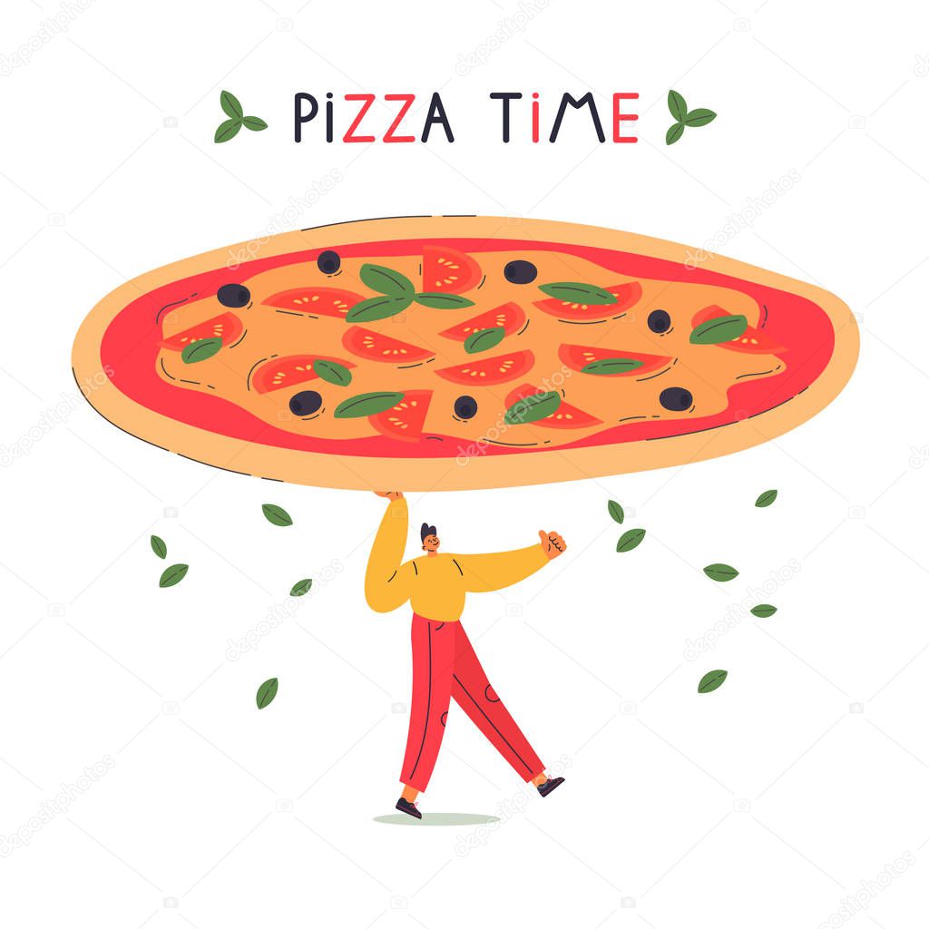 Young man hold hot pizza.Delivery concept with text.Pizza time lettering.Man like margarita pizza.Cartoon character isolated on white background.Colorful flat vector illustration.