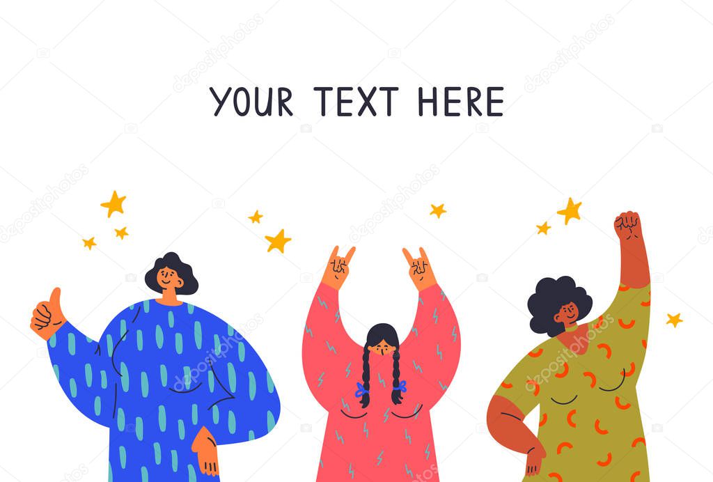 Feminism concept.Diverse woman show different gestures.Your text here.Feminine and feminism ideas,woman empowerment.Cartoon characters.Colorful vector illustration.Woman on rock concert.Like,gesture