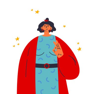 Kadın el işaretini gösteriyor. Parmaklar tamam, el hareketi. Şanslı işaret. Dil. Şablon ile giyin..