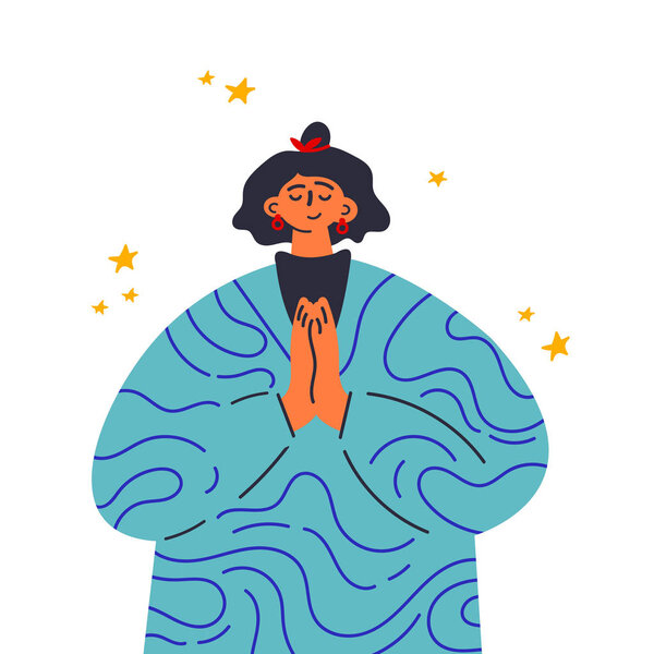 Счастливая девушка в платье с узором на передней панели..