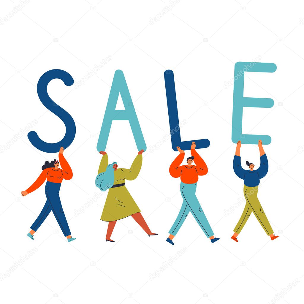 Group of different young confident women and man carry letters SALE.Template design for sale concept with lettering.Sale text.Cartoon characters.Colorful vector flat illustration on wite background.