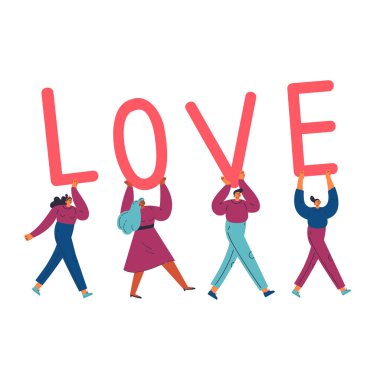 Diverse tiny people carry letters LOVE lettering