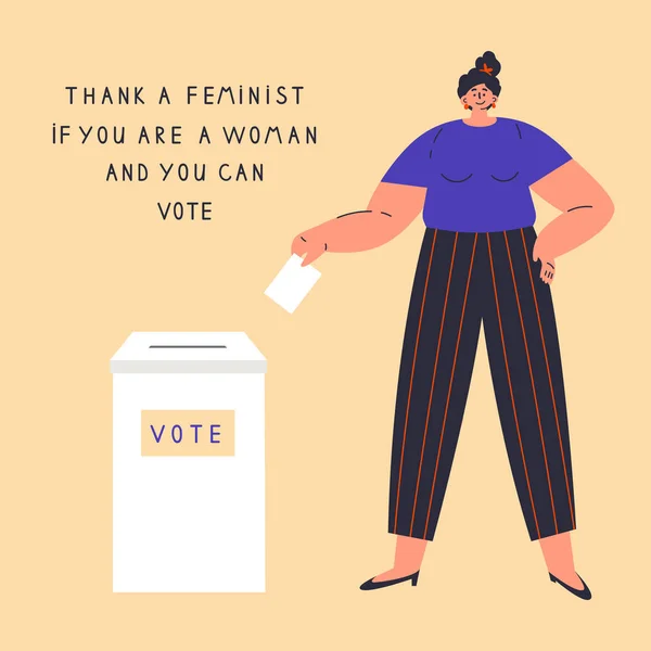 Happy woman is voting.Feminism concept. — 图库矢量图片