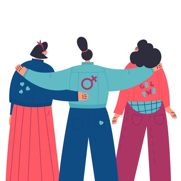 Ευτυχισμένες γυναίκες να στέκονται μαζί και να αγκαλιάζονται — Διανυσματικό Αρχείο