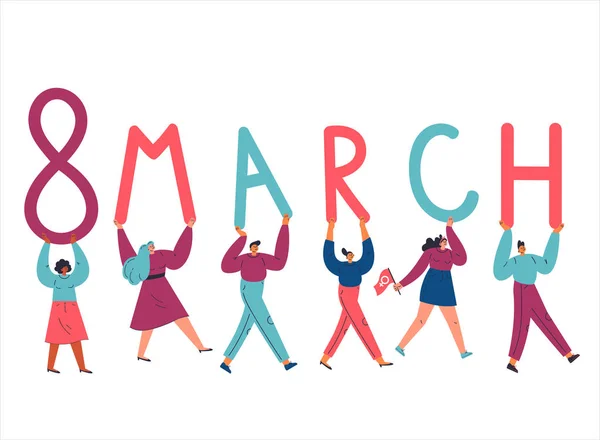 Pequenas mulheres e homens com letras gigantes 8 março . —  Vetores de Stock