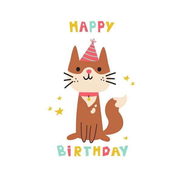 Fiesta de cumpleaños de mascotas. Gato en capucha festiva. Dibujos animados — Vector de stock