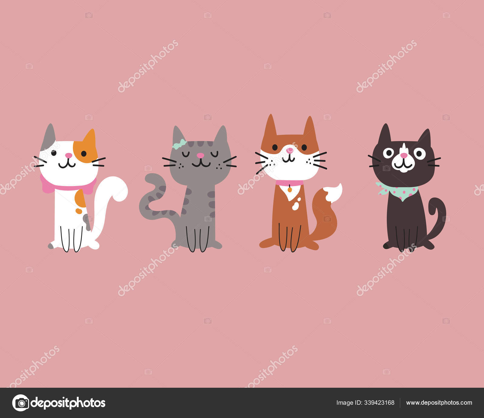 Grupo de gatos bonitos com cores diferentes do vetor dos desenhos animados  isolado caracteres