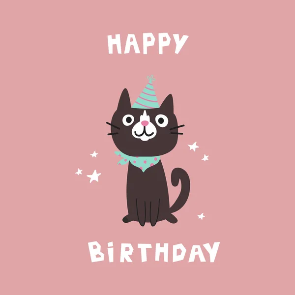 Pet Verjaardagsfeest Kat Feestelijke Cap Happy Birthday Lettering Mooie Kitty — Stockvector