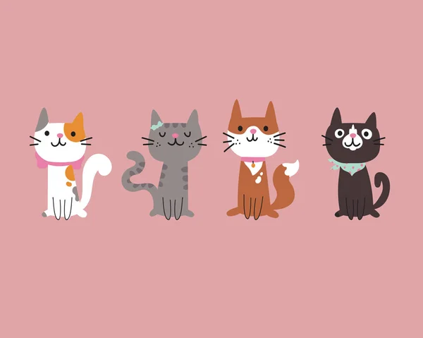 一组不同的卡通猫 四只可爱的小猫坐在一起 手绘宠物 在粉色背景上孤立的向量平面卡通插图 模板设计 — 图库矢量图片