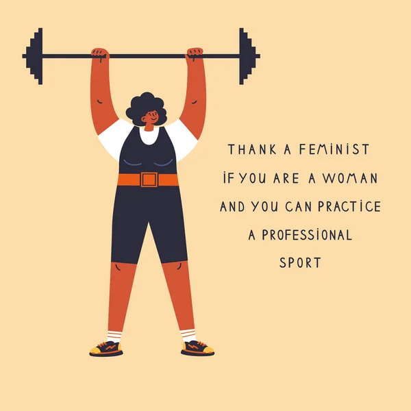 自信を持って幸せな女性は バーを提起します 女性は右を持っています レタリングとフェミニストのポスターありがとうございました フェミニズムの概念 白い背景に隔離されたフラット漫画のキャラクター カラフルなベクトルイラスト — ストックベクタ