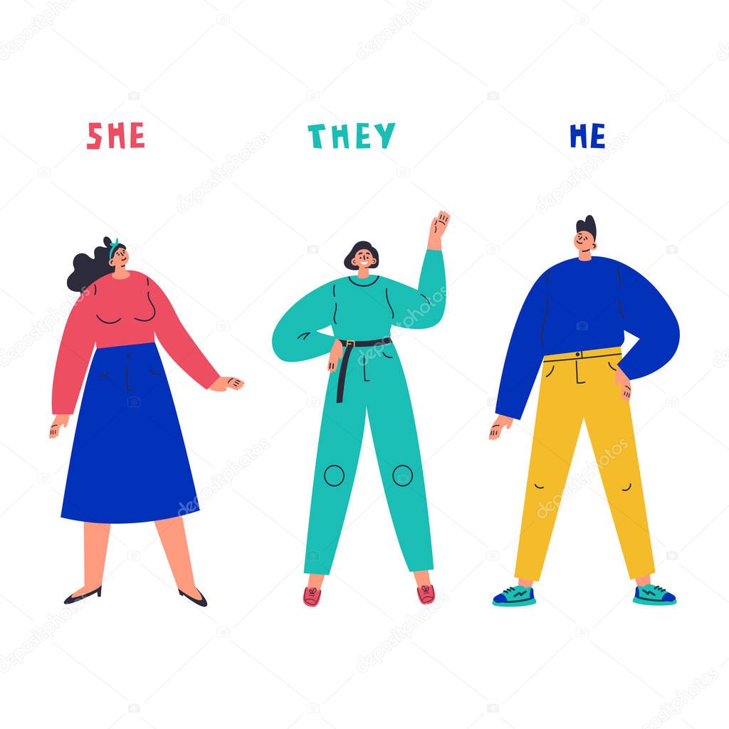 Three young people standing together.Inscription she,he,they.Gender-neutral movement.Teenager without gender stereotypes.Flat cartoon character on white background.Colorful vector illustration