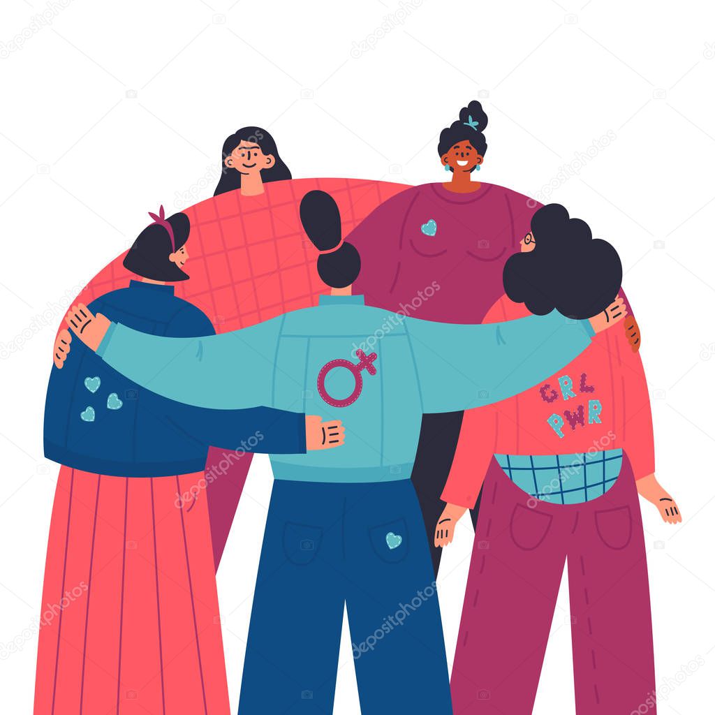 Happy women standing together and hug each other.Group of female friends,union of feminists,sisterhood.look from the back.Flat cartoon characters on white background.Colorful vector illustration
