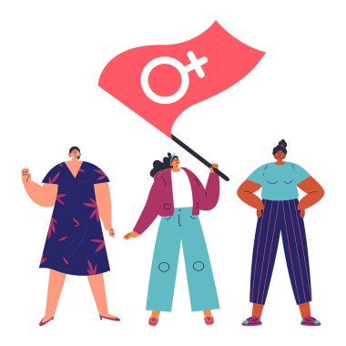 Mutlu kadınlar bir arada durup Venüs işaretiyle bayrağı sallıyorlar. Bir grup kadın arkadaş, feministler birliği, kardeşlik. Beyaz arka planda düz çizgi film karakterleri.