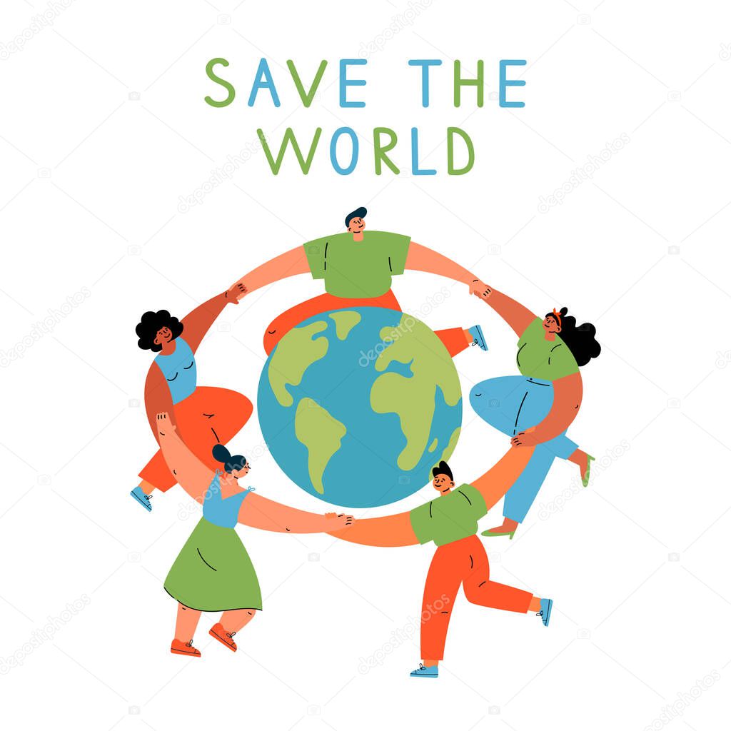 Group of different young women and man dancing around the Earth globe, holding hands.Eco and environment friendly ecological concept.Cartoon characters.Colorful vector illustration on wite background.