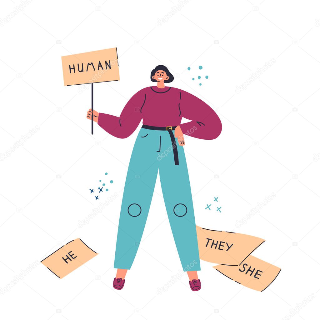 Young woman standing with placard.Inscription she,he,they.Gender-neutral movement.Teenager without gender stereotypes.Flat cartoon character on white background.Colorful vector illustration