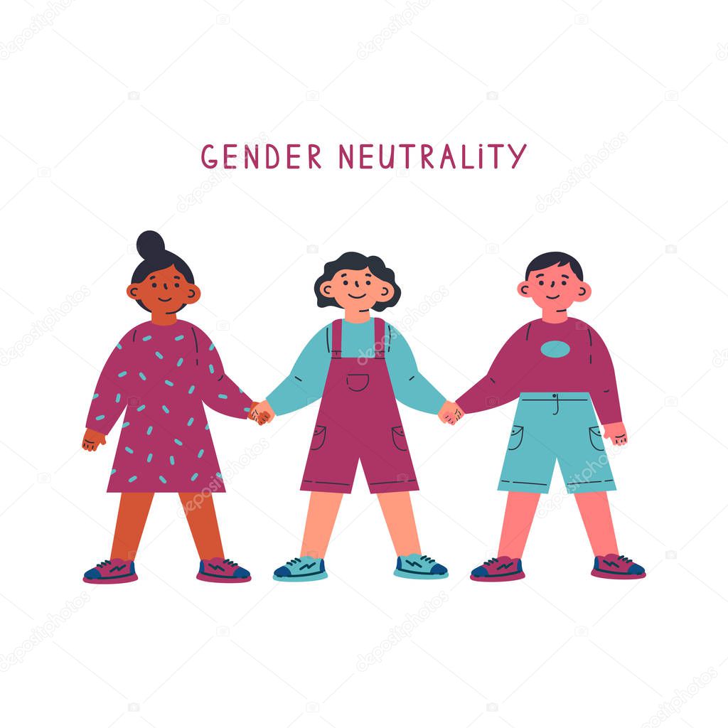 Gender neutral child clothing.Children standing together and holding hands.Gender neutrality.Blu,pink.Break the binary concept.Cartoon character on white background.Colorful vector illustration