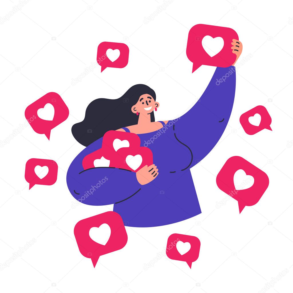 Young happy woman grabbing like notifications.Woman addicted to social media and online feedback.Addiction to internet approval and validation.Character on white background.Colorful illustration