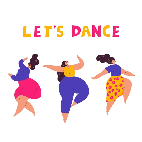 Groep Van Gelukkige Size Vrouwen Dansen Samen Laat Dansletter Lichaamsliefde — Stockvector