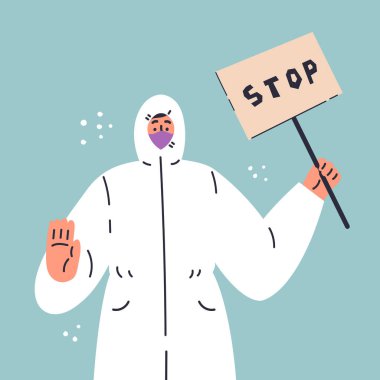 Çin 'de Coronavirus. Roman Coronavirus 2019-ncov, beyaz tıbbi maskeli ve koruyucu zırhlı genç adam. Coronavirüs karantinası. Beyaz arka planda düz bir karakter.