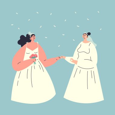 Gay couple of two brides.Happy wedding concept clipart
