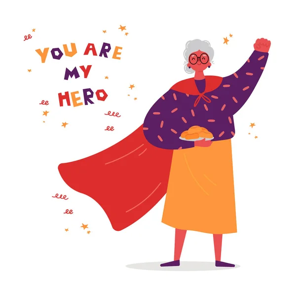 Jsi Můj Hrdina Dopisování Babička Superhrdina Talířem Pečení Senior Žena — Stockový vektor