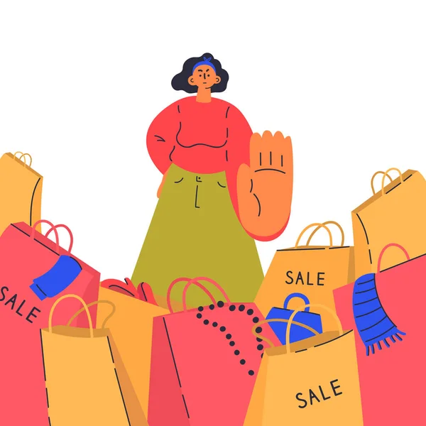 Mujer decir no a los adictos a las compras. Consumo razonable — Vector de stock