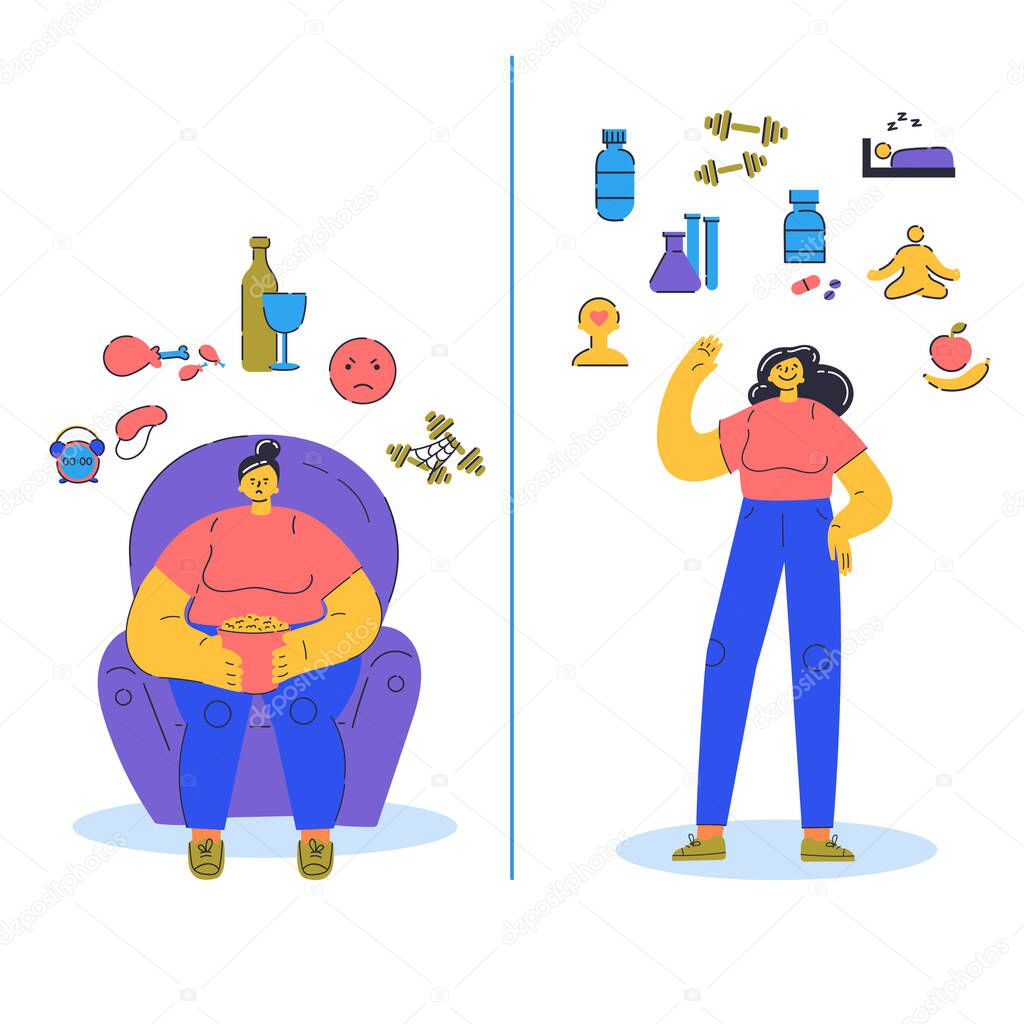 Biohacking vector illustration.Biological health engineering.Angry woman with bad habits and happy woman with tips how you can improve your body.Water,pills,sports,proper nutrition,mental health.Flat