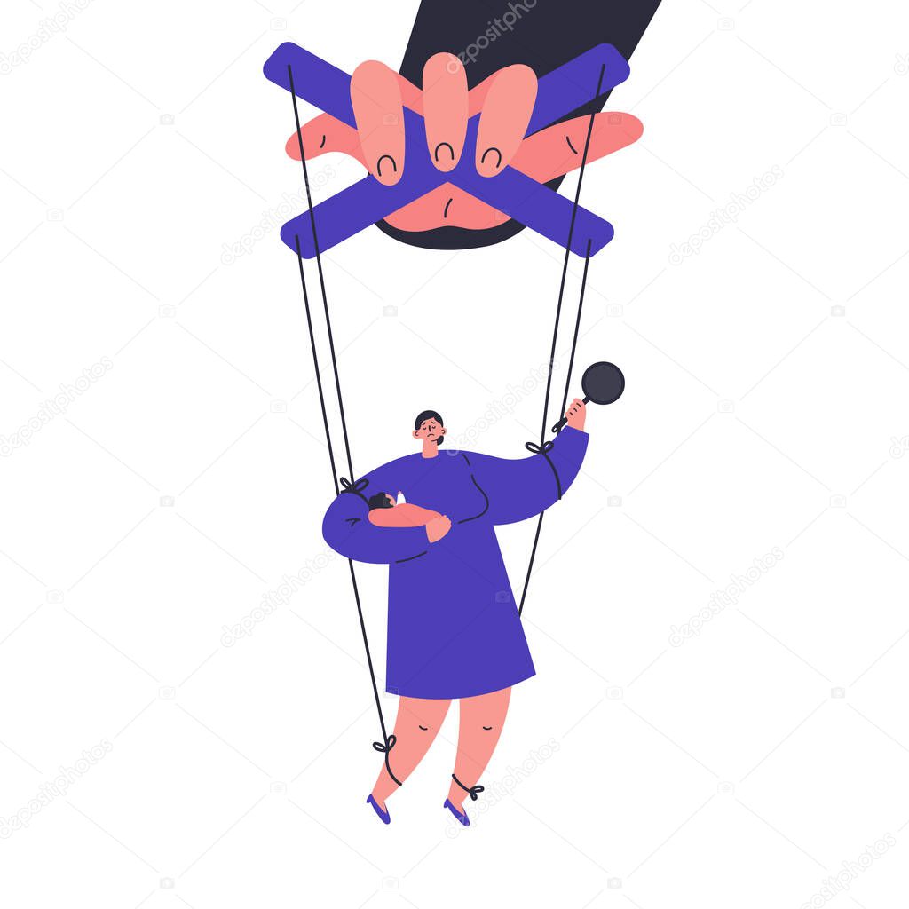 A man manipulates and abuses a woman with baby.Manipulation male hand.Unhealthy toxic relationships in family.Flat cartoon character isolated on white background.Vector colorful illustration.