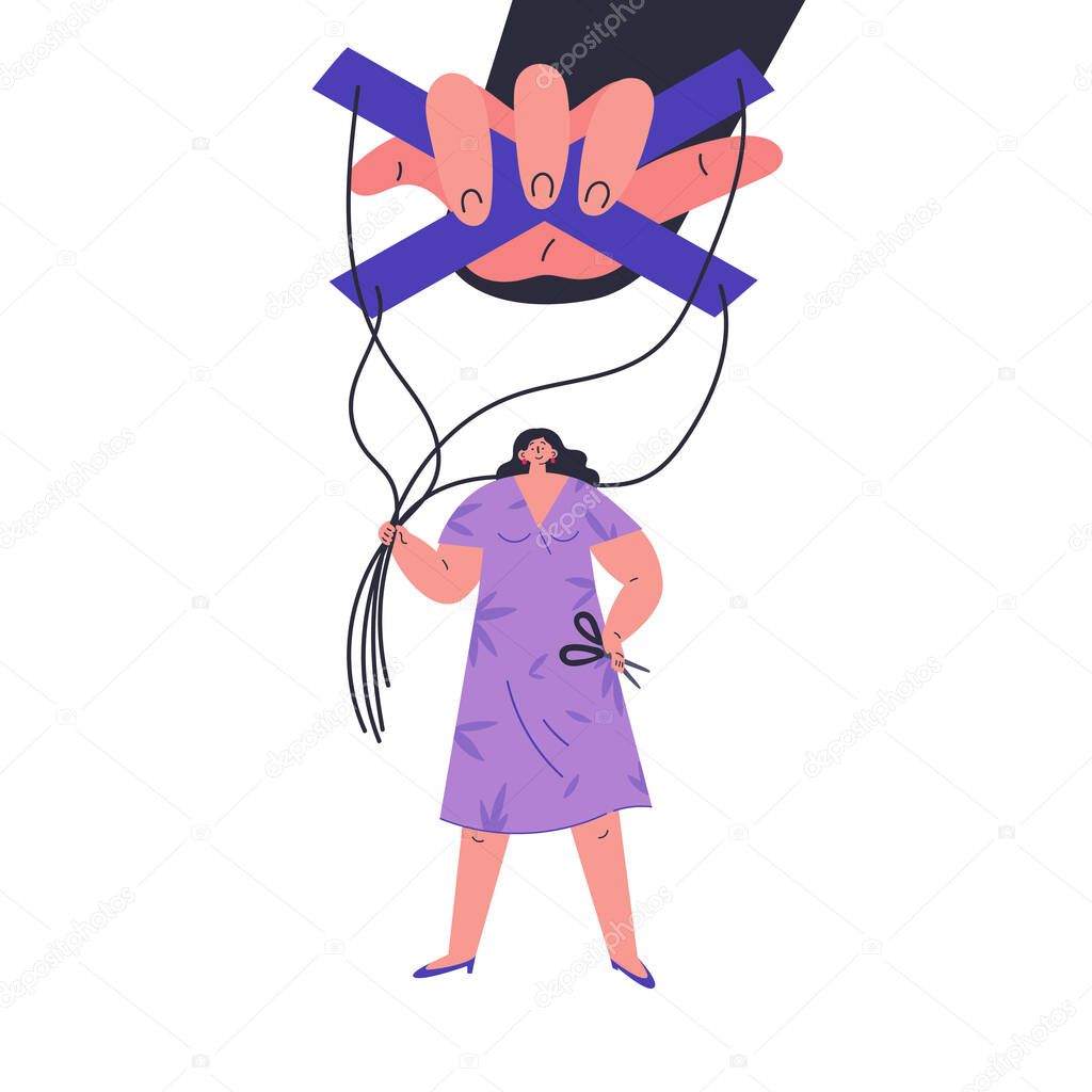 Happy woman stop being manipulated and abused.Manipulation hand.Unhealthy toxic relationships where a man manipulates a woman.Flat cartoon character isolated on white background.Vector illustration.