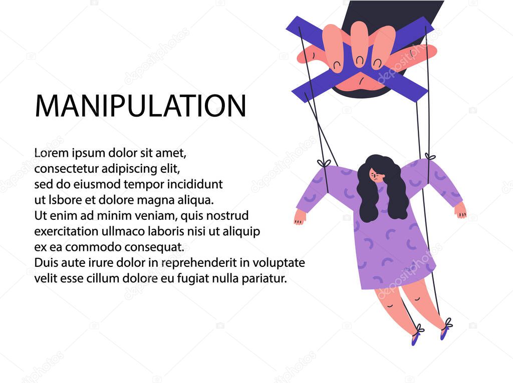 A man manipulates and abuses a woman.Manipulation male hand.Unhealthy toxic relationships.Template with text.Flat cartoon character isolated on white background.Vector colorful illustration.